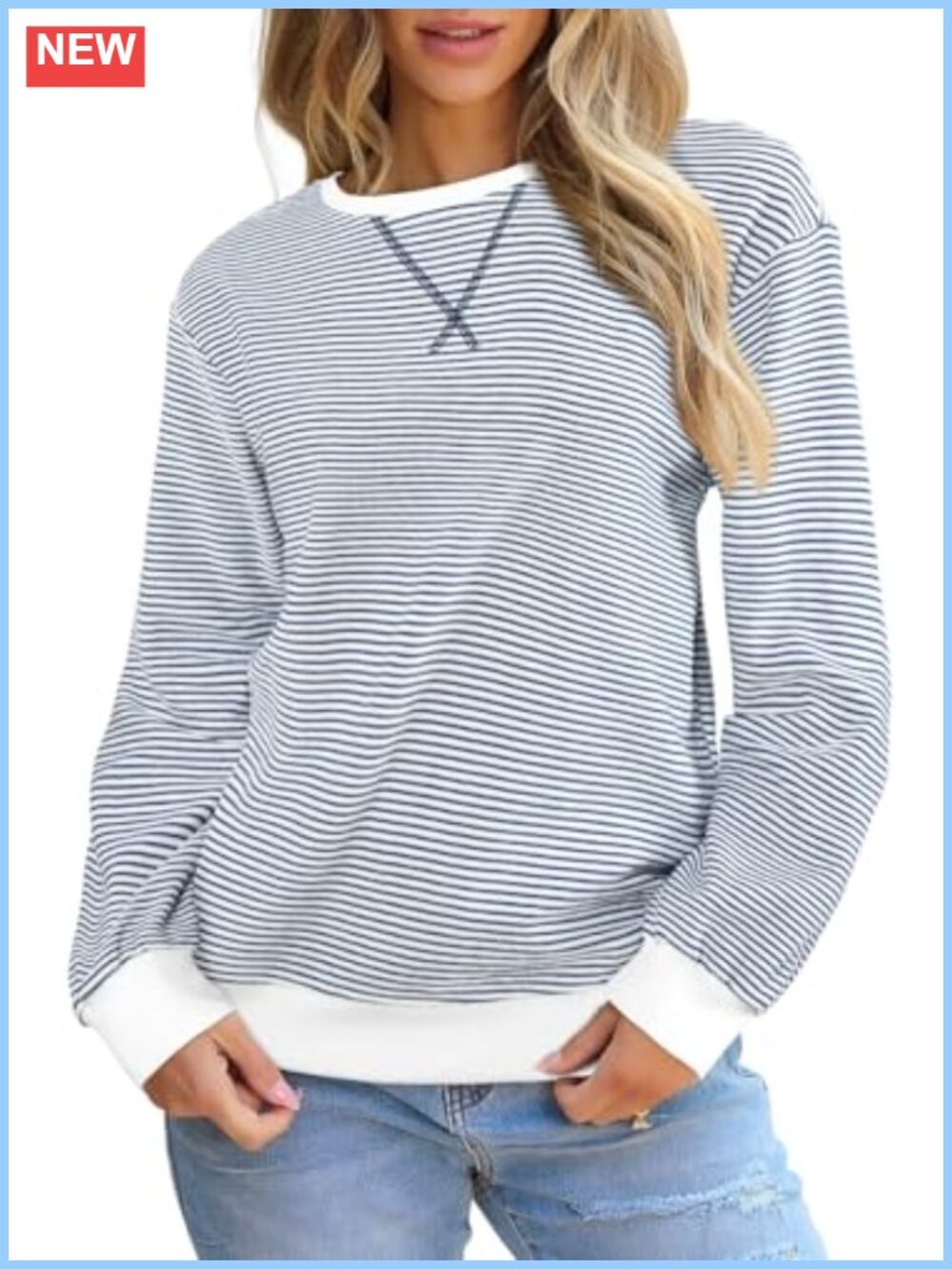 Womens Striped Crewneck Sweatshirt Long Sleeve Pullover Top Casual Fall